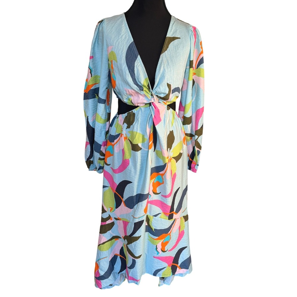 A New Day Light Blue Abstract Print Twist Front Cutout Midi Dress XS Beach
